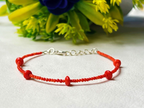Vintage Red Koralle Perlen Silberarmband - Afbeelding 1 van 5