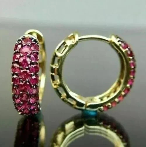 2.00CT Round Cut Simulated Red Ruby Hoop Women's Earrings 14K Yellow Gold Plated - Image 4 of 4