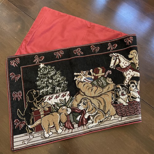 Christmas Dogs Puppies Playing Tapestry Centerpiece Runner