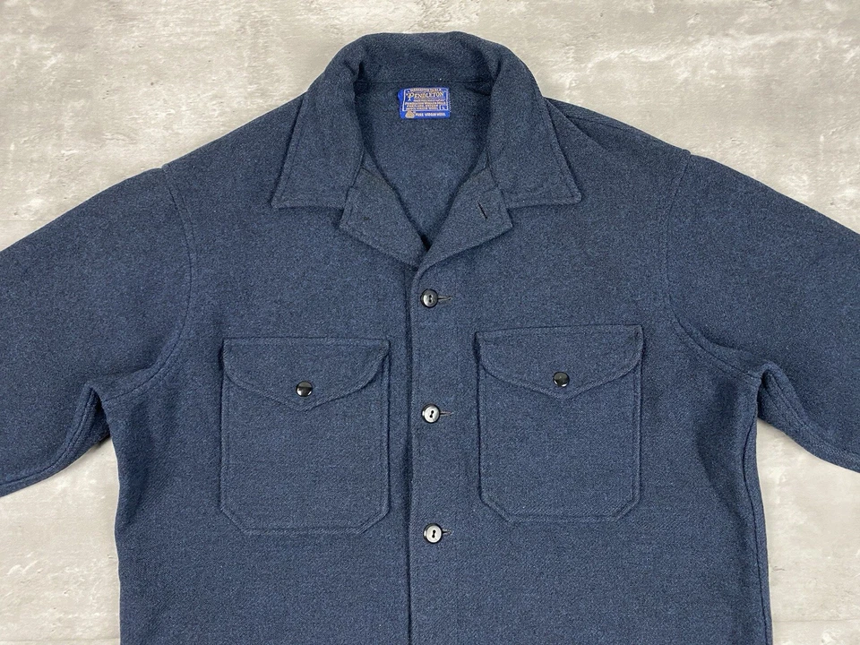 CHAQUETA CAMISA VINTAGE PENDLETON LANA VIRGEN AZUL DOBLE BOLSILLO FRONTAL PARA REPARACIÓN Foto 2 de 4