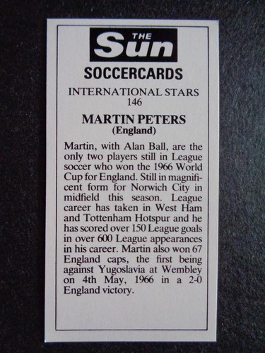 The Sun Soccercards 1978-79 - Martin Peters - Inglaterra #146 - Imagen 2 de 2