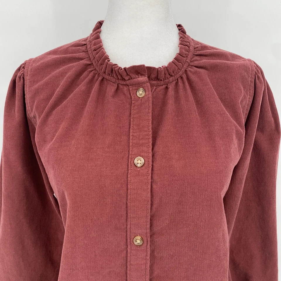 Gloria Vanderbilt Shirt Womens Medium Red Corduroy Button Up Ruffle Collar Cabin - Image 2 of 4