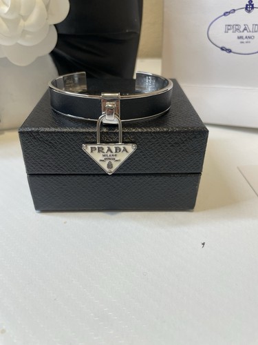 PRADA Triangle Logo Saffiano Leather Bangle Bracelet White  Silver Size  New