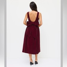 Cider VELVET BOAT NECK BOWKNOT BACKLESS MIDI BURGUNDY CHIC DRESS L 12-1