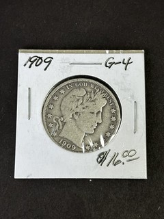 1909 Barber Half Dollar Coin 50 Cent Silver Coin