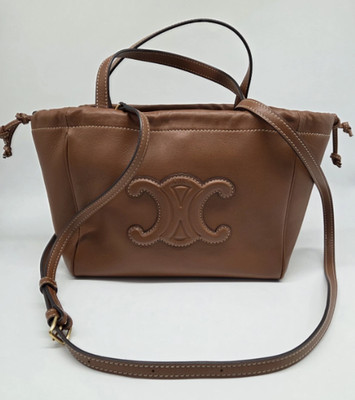 Celine Cabas Small Hippo Drawstring Triomphe Brown Leather Bag   Authenticated
