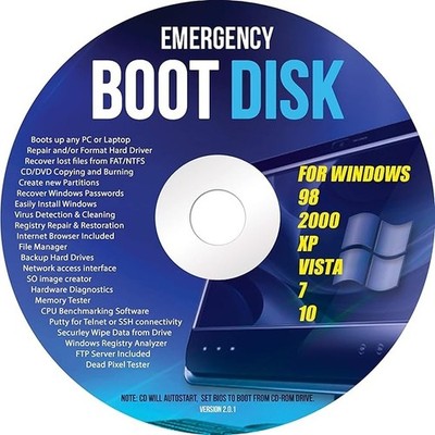 Windows Emergency Boot Disk - for Windows 98, 2000, XP, Vista, 7, 10 PC Repair D
