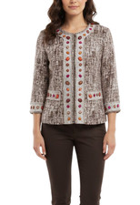 Chico's Linen Jacket Coat Blazer Women 2 M Tribal Beaded Quiet Luxury Academia