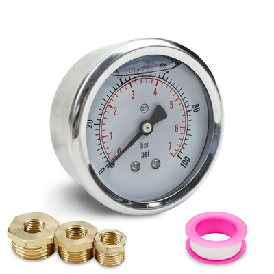 Manometer 40mm BSP 1/8'' 0-7 Bar 0-100 Psi mit 3 Buchsen und Teflonband