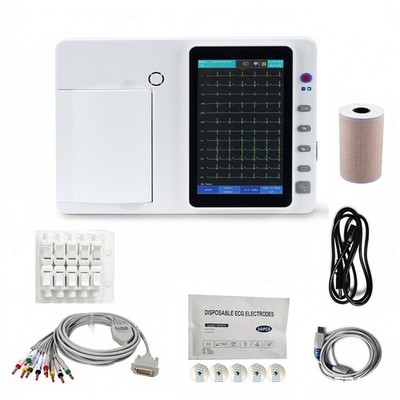 12-Lead Portable ECG, 7'' Touch Screen, 3-Channel Recording, Electrodes & Clip