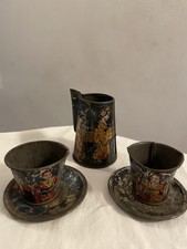 Antique Tin Litho Japanese Design Child Tea Set c1910 Pitcher, 2 Cups 2 Saucers
