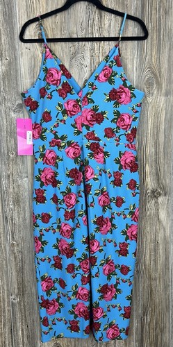 NWT Betsey Johnson Midi Dress Women's 14 Blue W/ Pink Roses Coquet Flirty Pretty - Picture 4 of 15