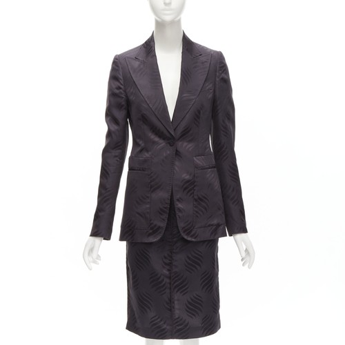 Gucci, GUCCI Tom Ford Vintage black oriental leaf jacquard blazer skirt suit IT38 XS