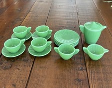 Vintage Akro Agate Jadeite Green Glass Childrens Tea Set 15pc Interior Panel