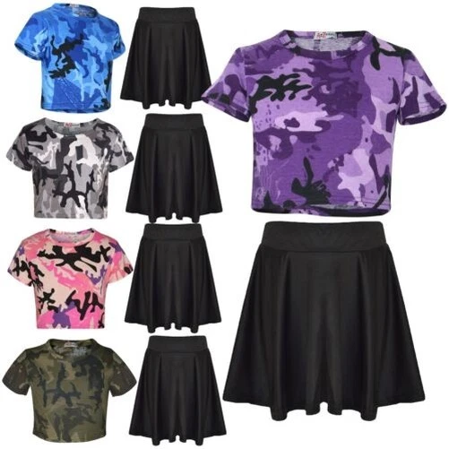 A2Z Kids Camo Crop Top & Skater Skirt Set Summer Wear Girls Boys Age 5-13 Years