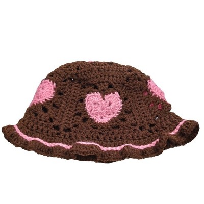 Brown and Pink Heart-Patterned Crochet Knit Bucket Hat One Size Lettuce Hem
