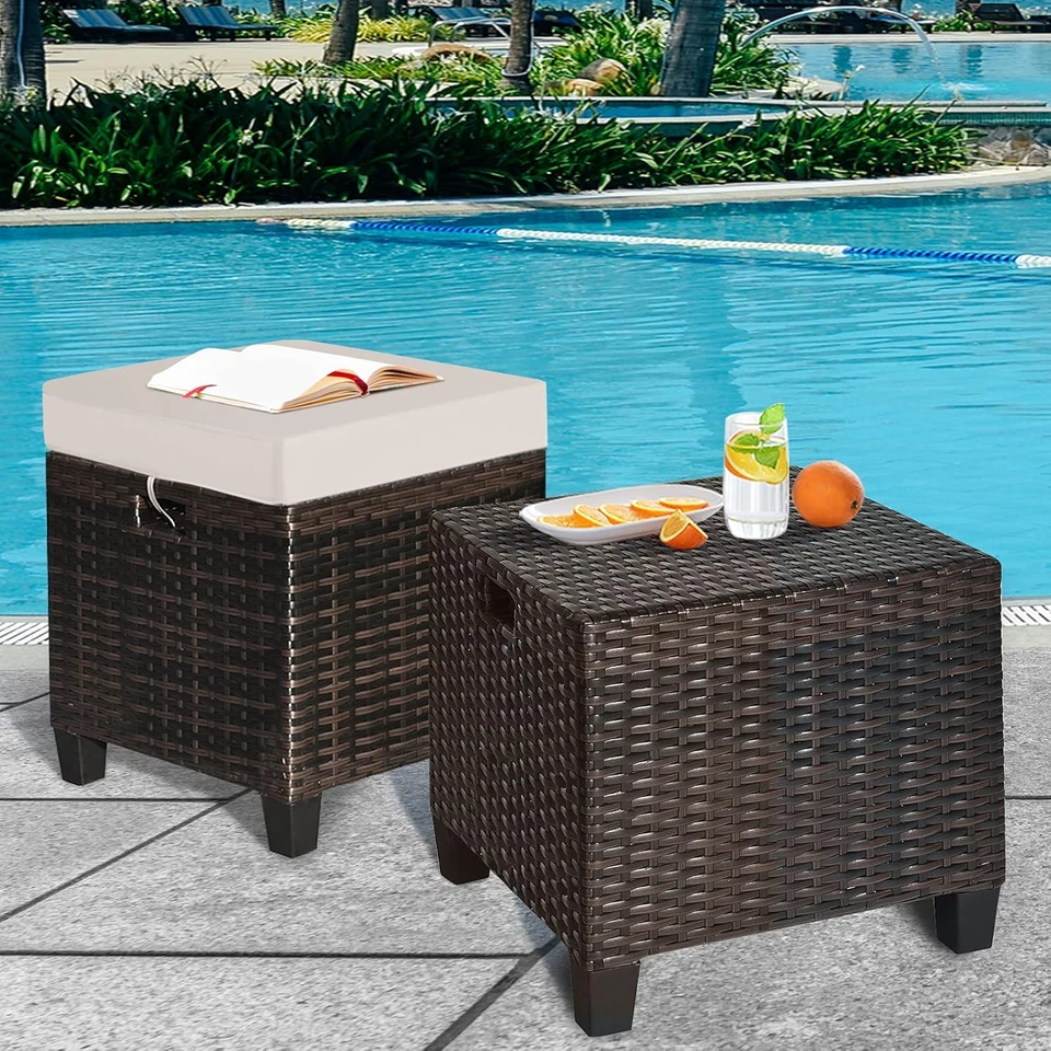 2-Piece Rattan Patio Ottoman, All Weather Wicker Ottoman W/Removable Cushion & S - Image 2 of 4