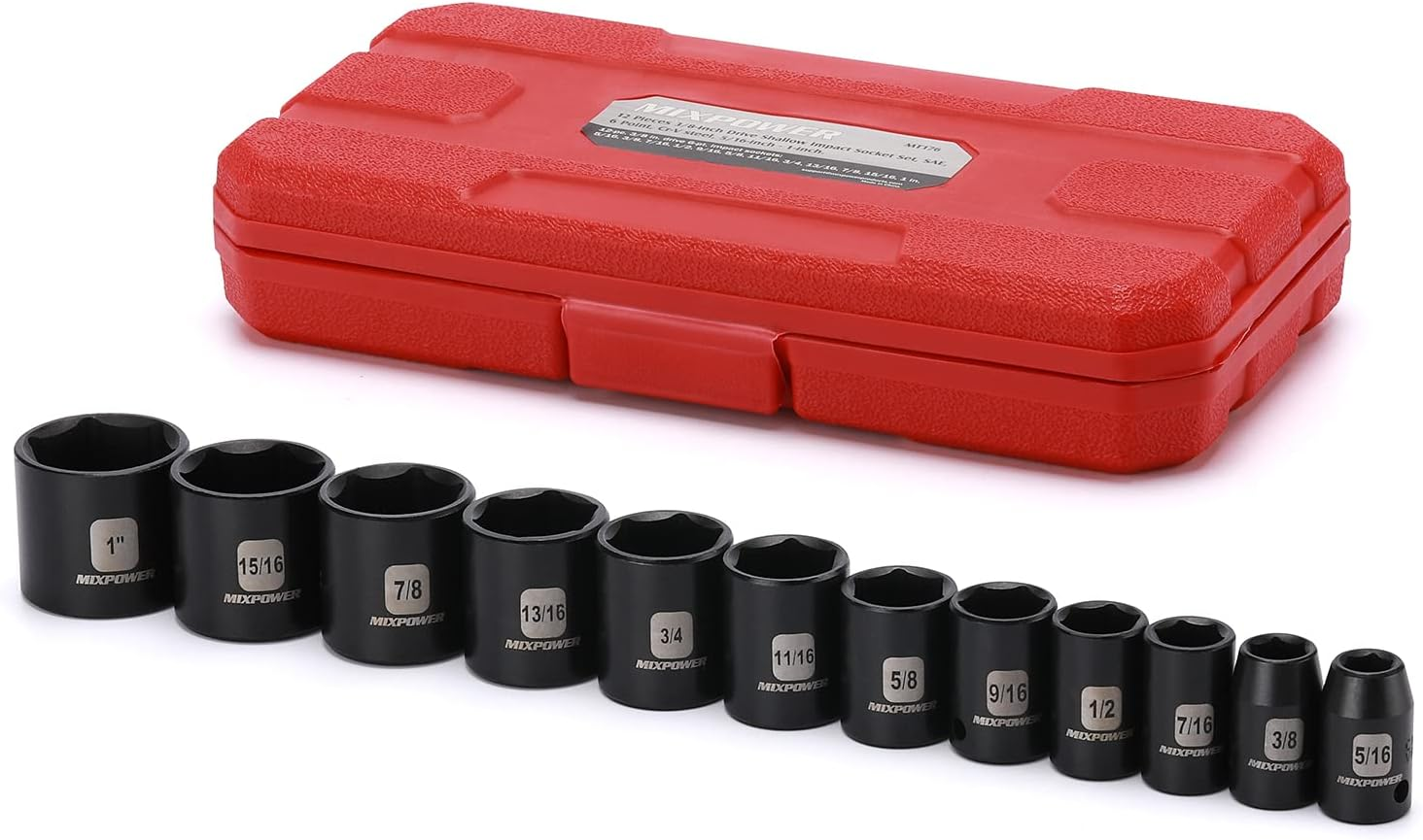 12-Piece 3/8-Inch Drive SAE Shallow Impact Socket Set, CR-V Steel, 5/16 to 1 Inch