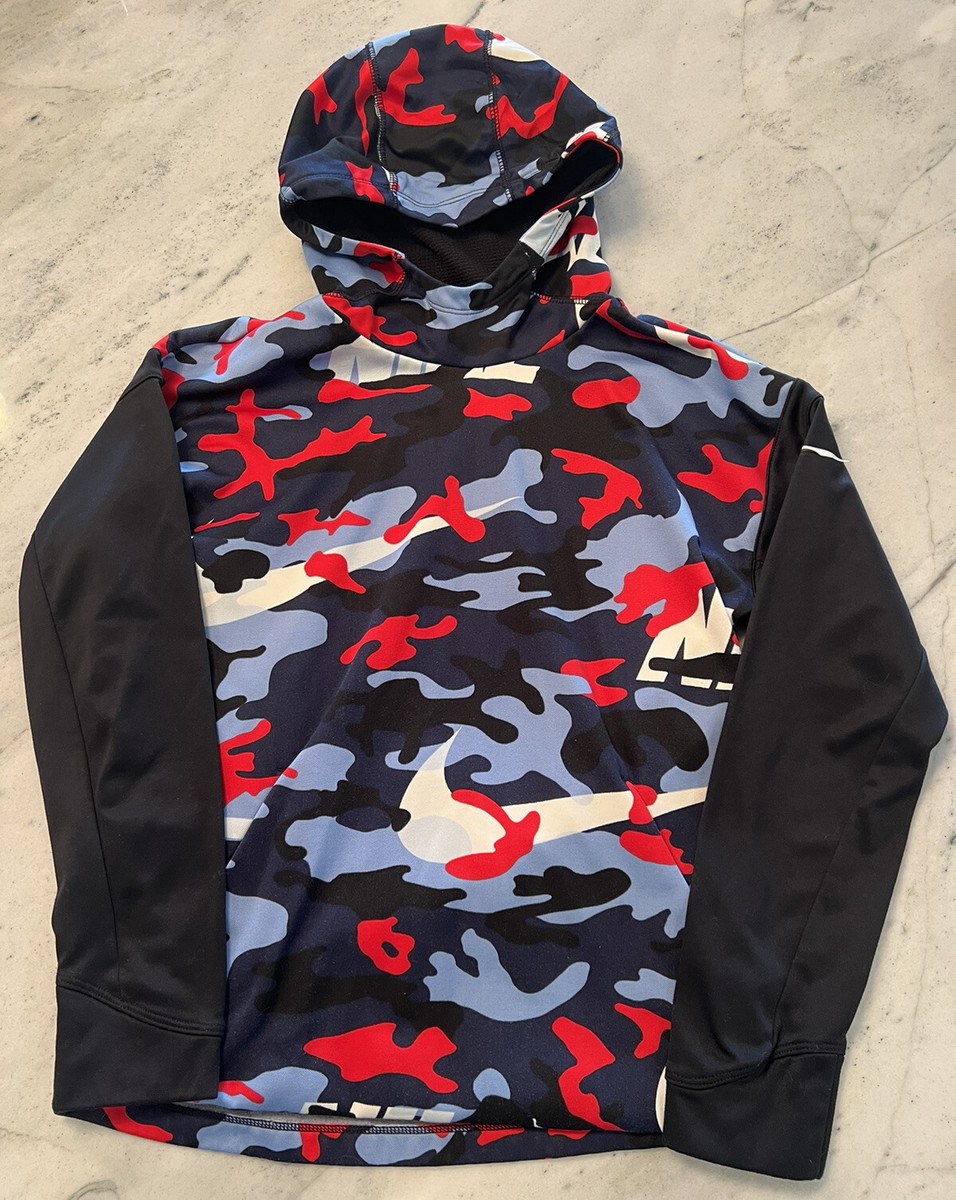 Nike Dri-Fit Camo Pullover Hoodie Youth L Authentic Nike Blue Red