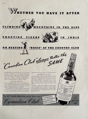 1938 Canadian Club Print Ad Always Tastes The Same Hiram Walker Whiskey Ephemera