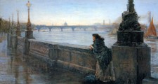 ALONE IN LONDON WOMAN AT THE RIVER BANK PAINTING BY THOMAS GRAHAM REPRO