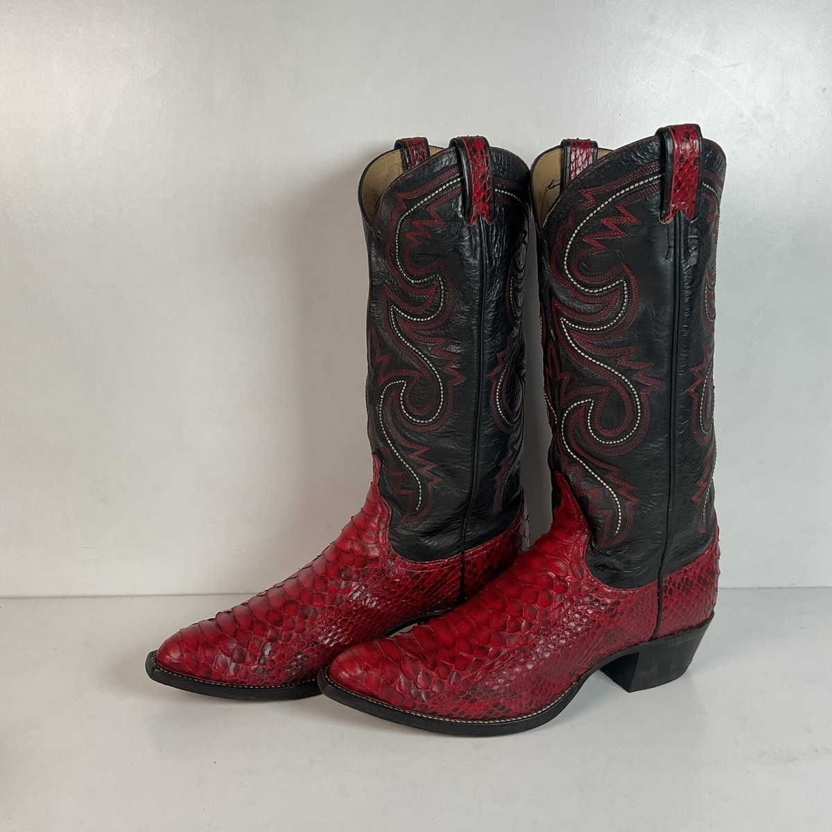 Vintage Larry Mahan Cherry Red Python Snakeskin Cowboy Boots D Back Cut