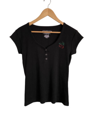 Y2k Vintage Fashion Bug Womens Ribbed Black Short Sleeve Cherry Top Size Small