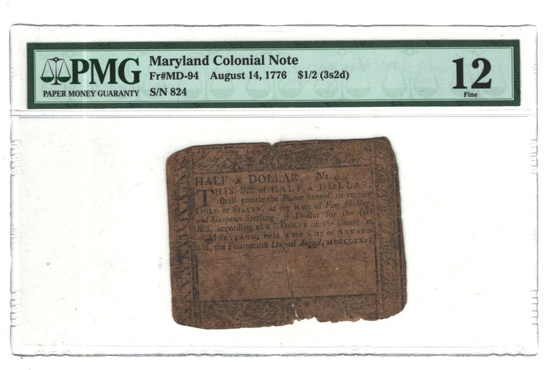 1776 Maryland Colonial Currency $1/2 Half Dollar Note MD-94 F12 PMG NT877