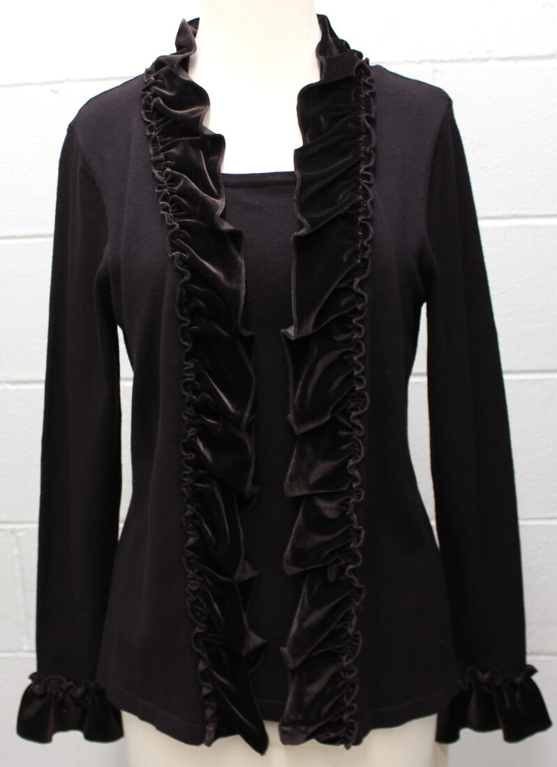 Elementz Velvet Trim Cardigan with Attached Tank Sweater Top Brown S Small New