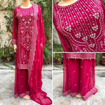 Pakistani Hot Pink Straight Style Embroidered Sequins Chiffon Sharara Dress,S | eBay Pakistani Hot Pink Straight Style Embroidered Sequins Chiffon Sharara Dress,S | eBay