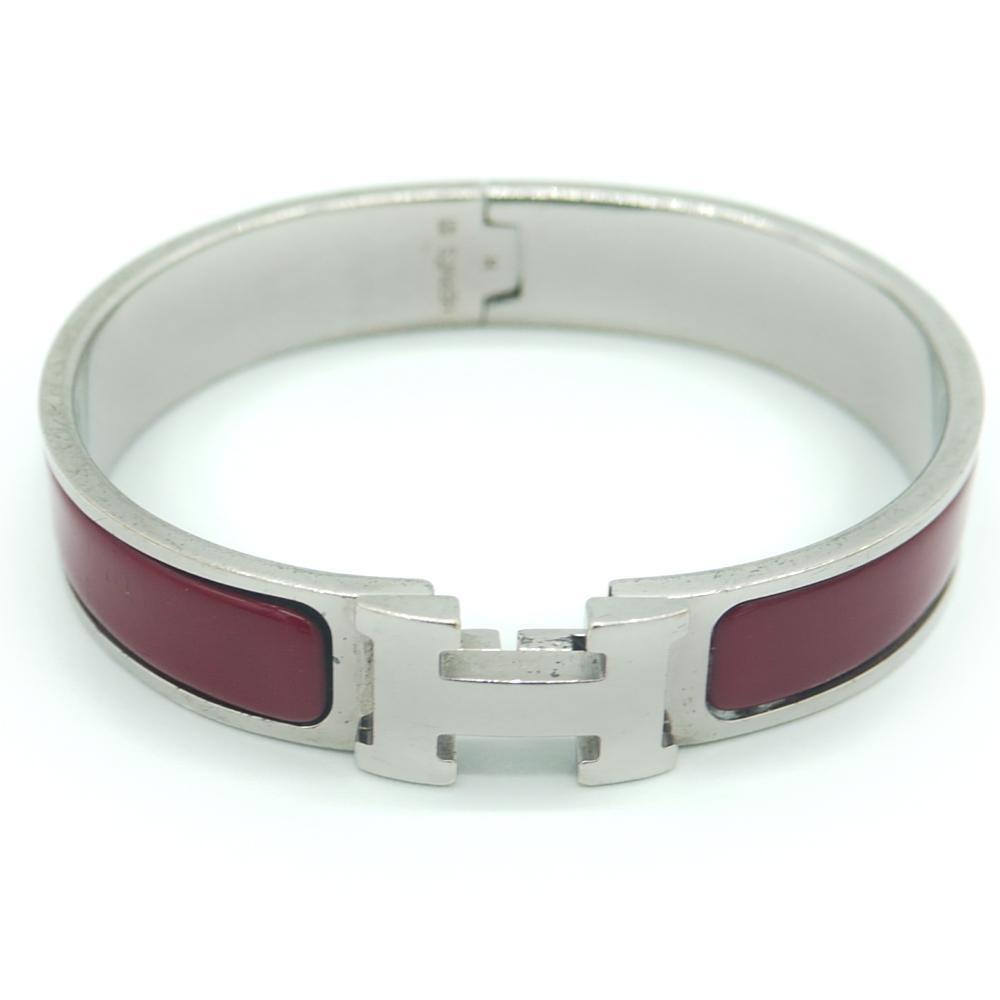 Hermes H Logo Silver Red Bangle Bracelet Cracked Ladies Jewelry Accessory-image