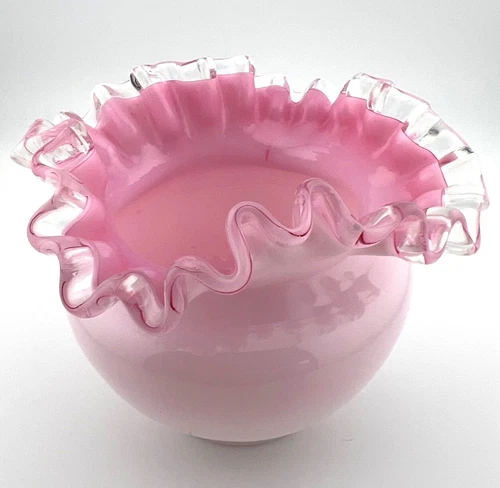 Vintage Fenton Vase Rose Cased Milk Glass Crimped Ruffle Rim Clear Edge 4" X 5"