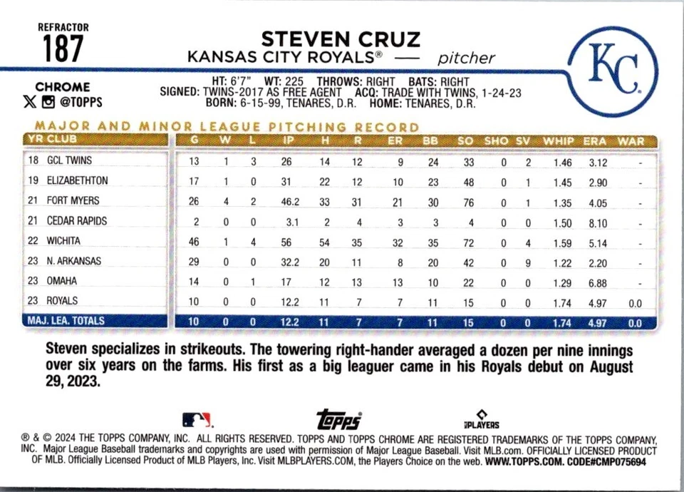 2024 Topps Chrome Steven Cruz Rookie Kansas City Royals #187 Refractor - Image 2 of 2