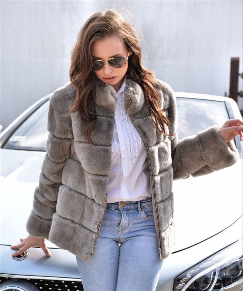 2025 Women 100% Real Rex Rabbit Fur Coat Full Pelt Jacket Stand Collar Outerwear