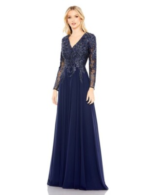 fitted lace wedding dress Mac Duggal Women's Sequined Long Sleeve Side Knot Gown