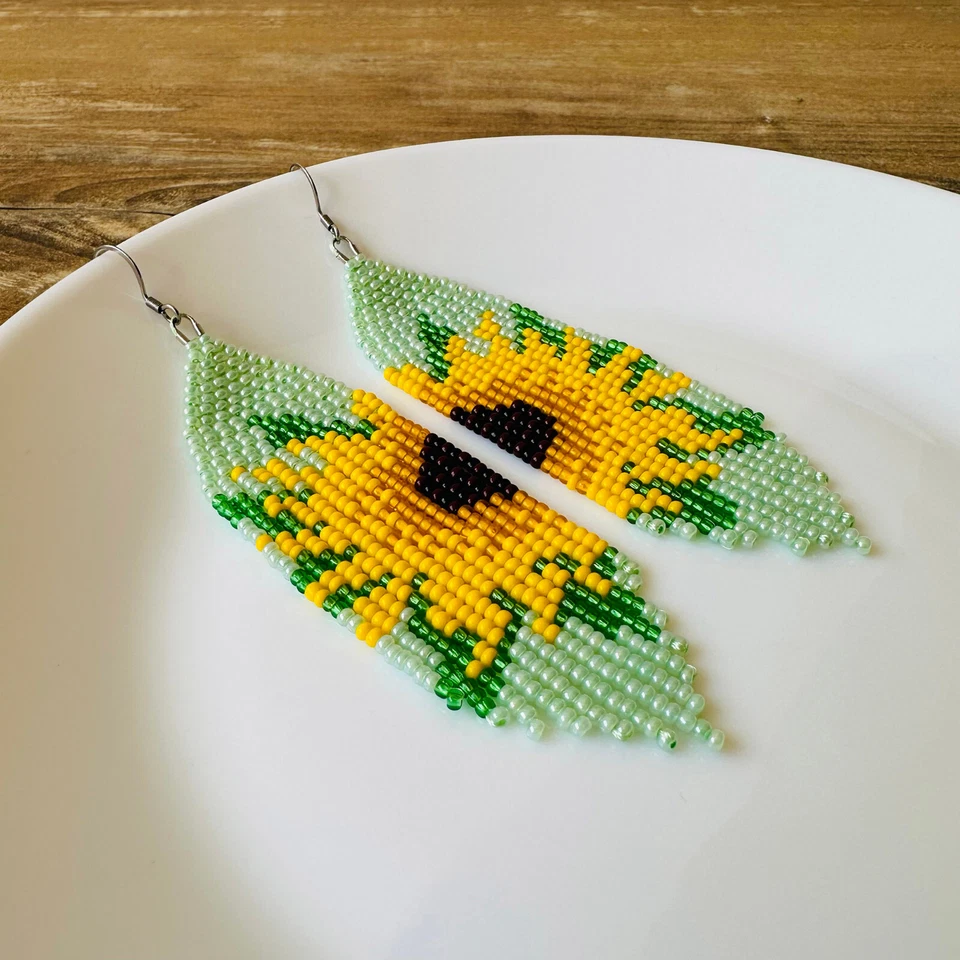 Pendientes de cuentas de girasol con flecos, coloridos pendientes de cuentas de semillas bohemias Foto 3 de 4