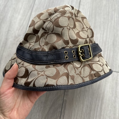 Authentic COACH Signature Logo Leather Strap Bucket Hat /brown beige/ Size S - Picture 5 of 16