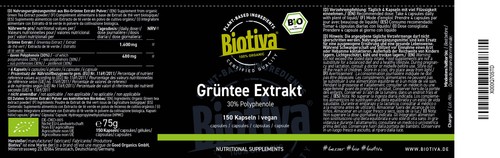 Grüntee Extrakt Bio (150 Kapseln) Biotiva (199,87 EUR/kg) - Bild 2 von 6