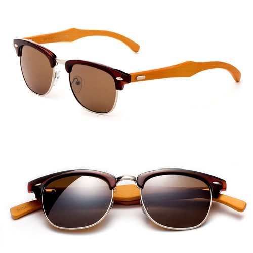 Gafas de sol vintage con lente de medio marco REALES bambú madera templo retro "Arnold" - Imagen 5 de 11