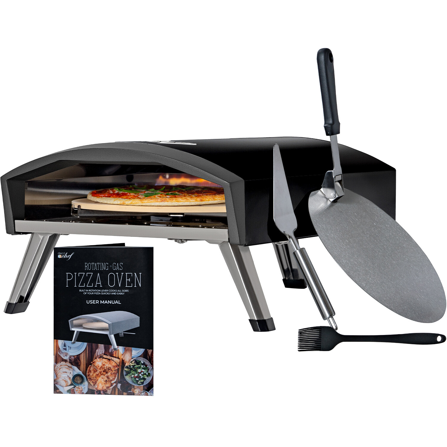 Уличная газовая печь для пиццы Deco Chef, Самовращающийся камень для выпечки, Черный