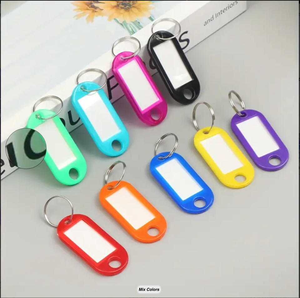 KeyTags with 10 Assorted Colors Plastic Key Rings ID Tags Name LABLE ...
