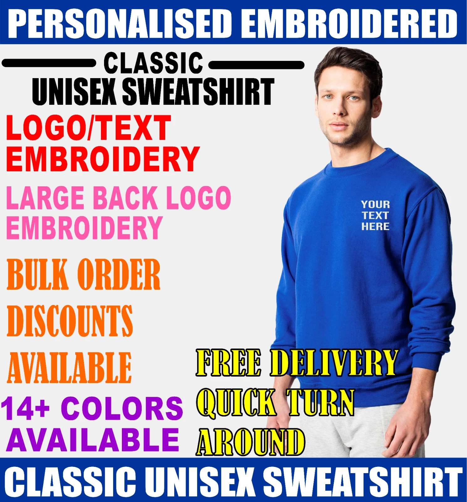Personalised Embroidered Text Uneek UC203 Classic Unisex Sweatshirt