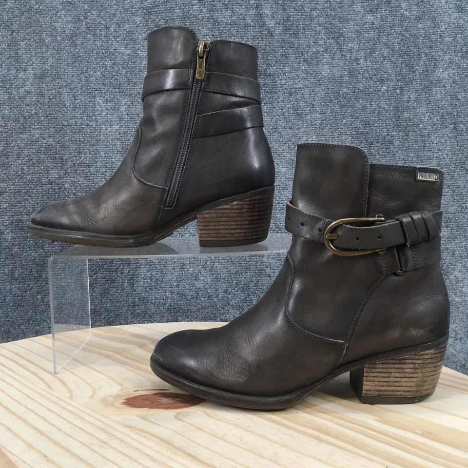 Pikolinos Boots Womens 36 Baqueria Biker Booties Heels Side Zips Grey Leather - Image 2 of 4