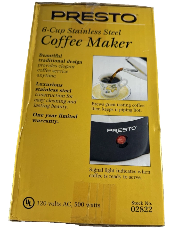 Presto 02822 6 杯不锈钢咖啡壶,渗透器 - 全新带盒 — 第 2/3 张图片