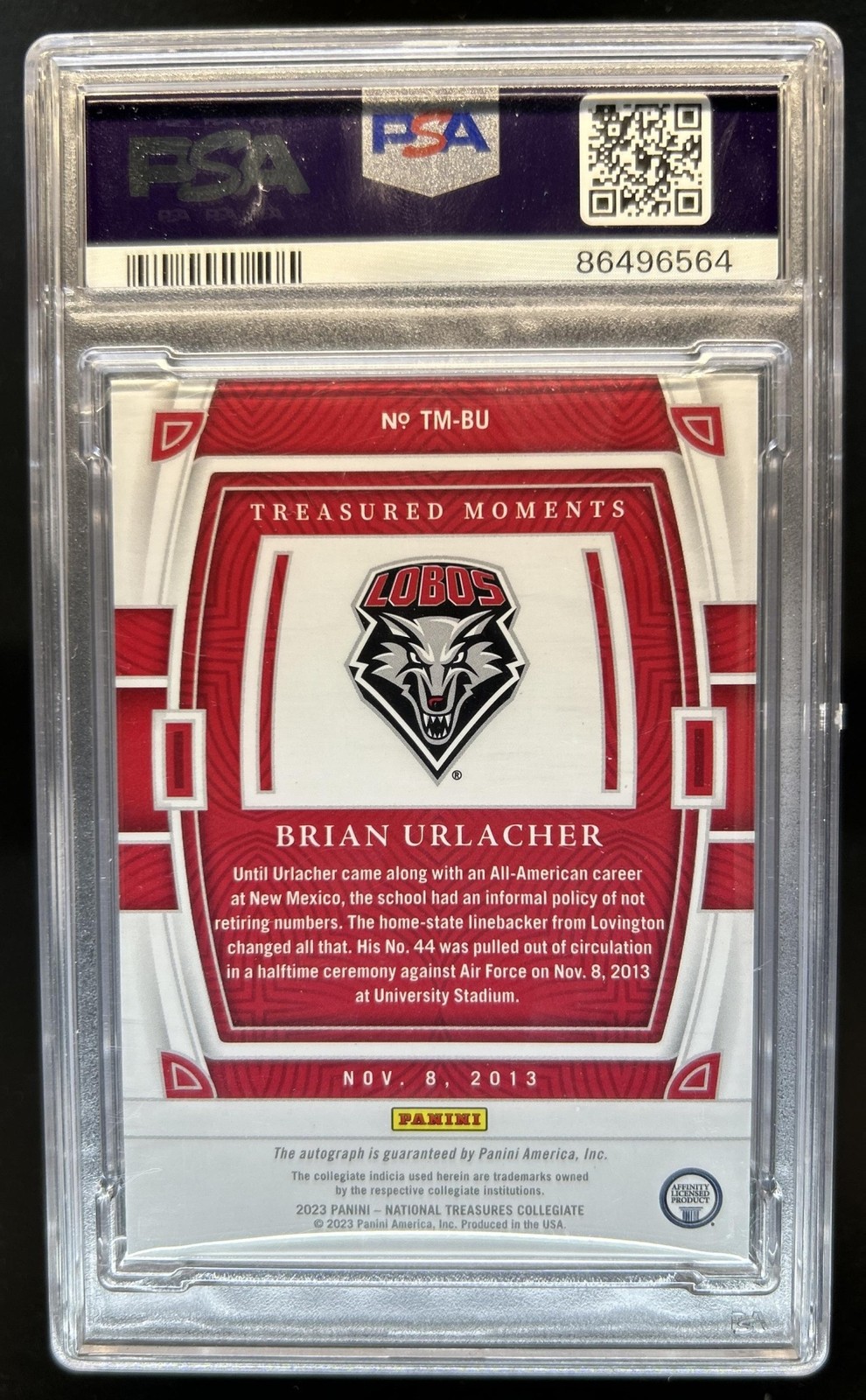 2023 National Treasures Brian Urlacher Treasured Moments Platinum Auto 1/1 PSA 9 view 2