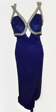 Vtg 90s Dress S Prom Beaded Silk Gown Y2K Formal Sequin Glitz Evening Slit Maxi