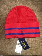 POLO RALPH LAUREN RED CUFFED BEANIE HAT PONY KIDS 4-7 NEW BLUE STRIPE