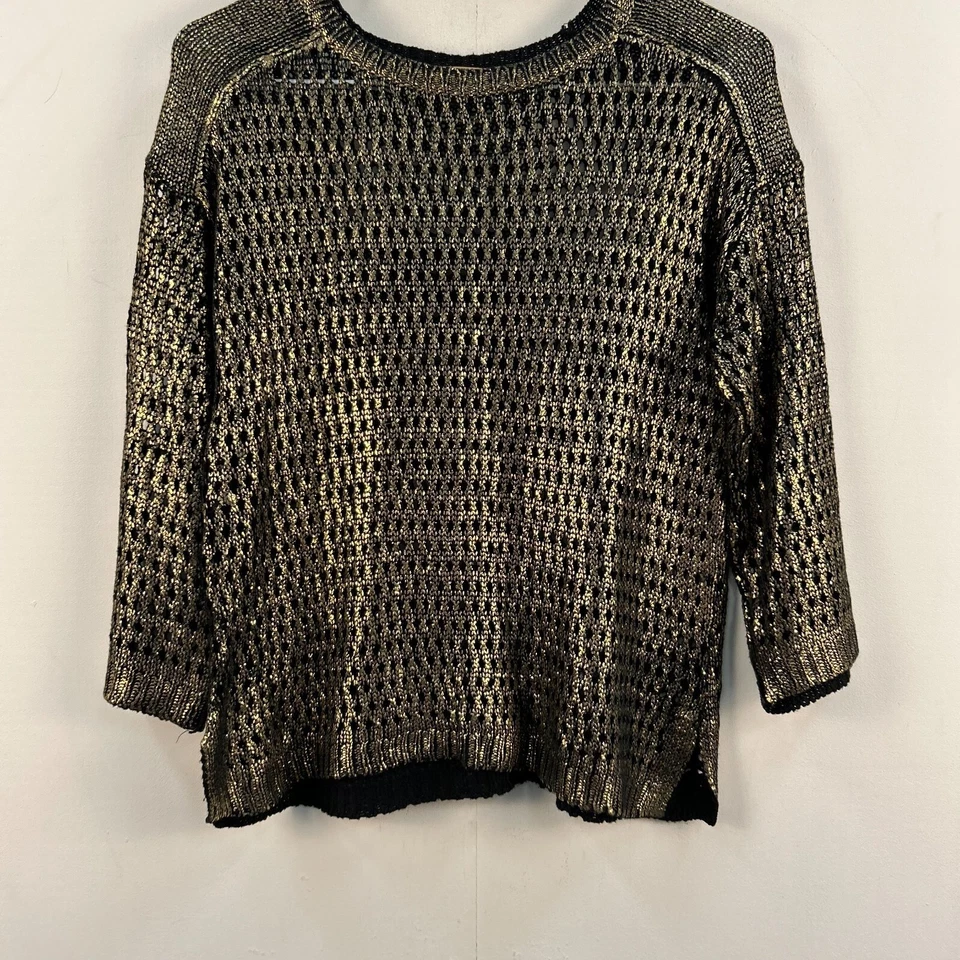 Suéter pequeño para mujer Ellen Tracy negro dorado metálico tejido abierto 3/4 Slv 20804 Foto 2 de 4