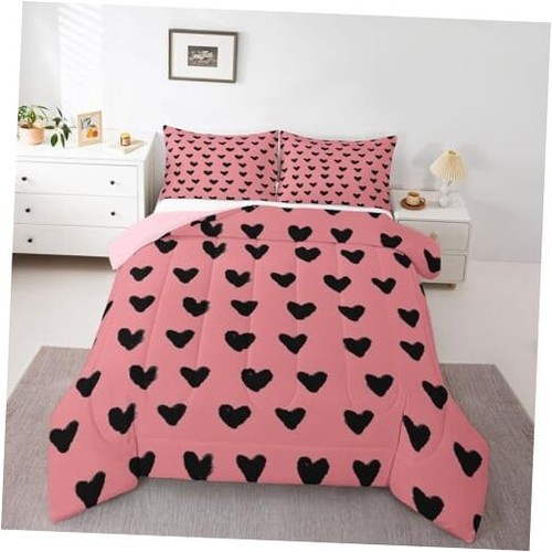 Love Size Comforter Sets for Girls Pink and Black Heart Pattern Full Multi 110