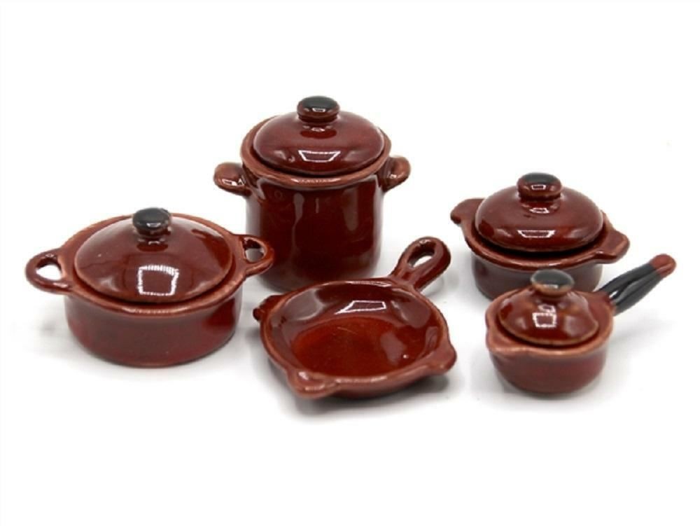 Dolls House Porcelain Earthen Cookware Pan Set Miniature Kitchen Accessory 5 Pc